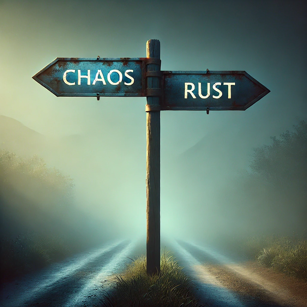 Een mistige weg met een houten wegwijzer die twee richtingen aangeeft één richting met het bordje 'Chaos' en de andere met 'Rust'. De sfeer is mysterieus en sereen, met zachte nevel en een rustige omgeving
